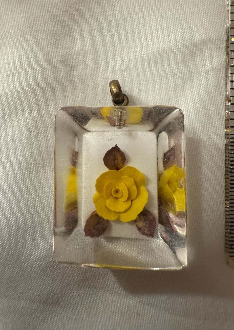 Vintage Lucite Rectangular Pendant with Embedded Yellow Rose